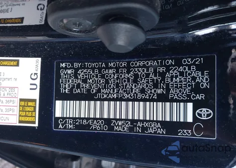 2021 Toyota Prius Prime Xle z USA, uszkodzony, nr VIN JTDKAMFP3M3189474